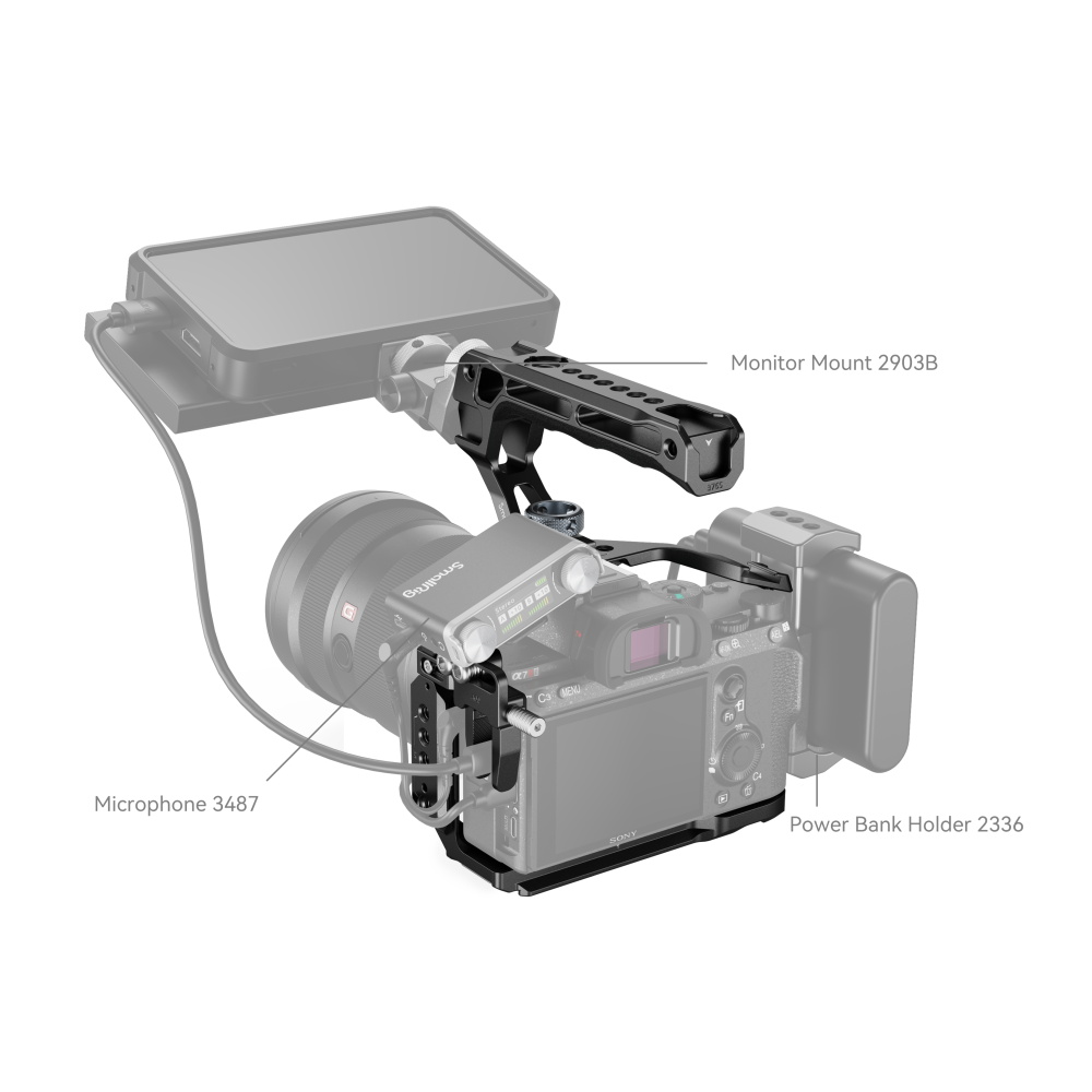 1689777458_319 SmallRig 4198 Cage Kit for Sony Alpha 7 III / Alpha 7R III sisältää monitorin ylhäällä, mikrofonin vasemmalla ja virtalähteen pidikkeen oikealla, joista jokainen on merkitty mallinumerolla.