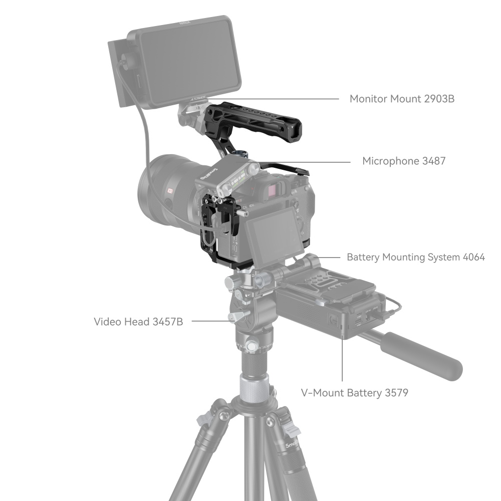1689777458_659 SmallRig 4198 Cage Kit for Sony Alpha 7 III/7R III on esitetty jalustalla, jossa on merkitty komponentit: Monitorikiinnike 2903B, mikrofoni 3487, akkujärjestelmä 4064, videopää 3457B ja V-mount-akku 3579.