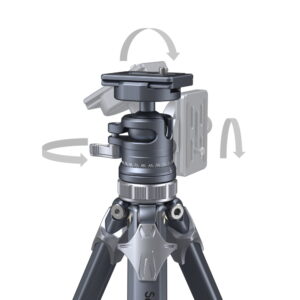 1689864218_558 SmallRig 4222 Lightweight Travel Tripod AP 02 -matkastatiivissa on säätönupit ja suuntanuolet, jotka havainnollistavat sen pyörimis- ja kallistusominaisuuksia.