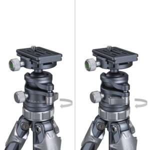 1689864218_799 SmallRig 4222 Lightweight Travel Tripod AP 02 -pään vierekkäisissä kaavioissa näkyvät nupin ja säätöpyörän säätömekanismit, ja nuolet osoittavat kiertosuunnan kiristämistä tai löysäämistä varten.