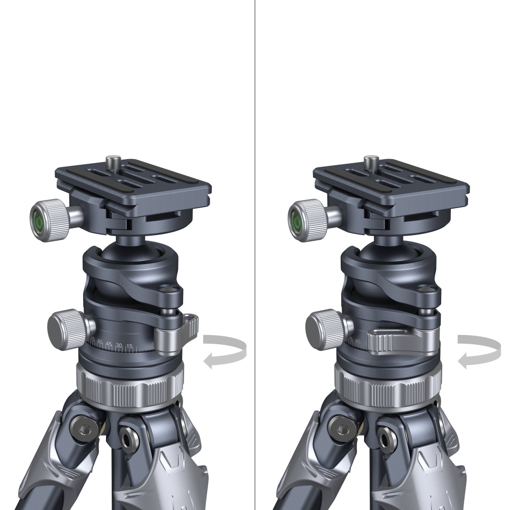 1689864218_799 SmallRig 4222 Lightweight Travel Tripod AP 02 -pään vierekkäisissä kaavioissa näkyvät nupin ja säätöpyörän säätömekanismit, ja nuolet osoittavat kiertosuunnan kiristämistä tai löysäämistä varten.