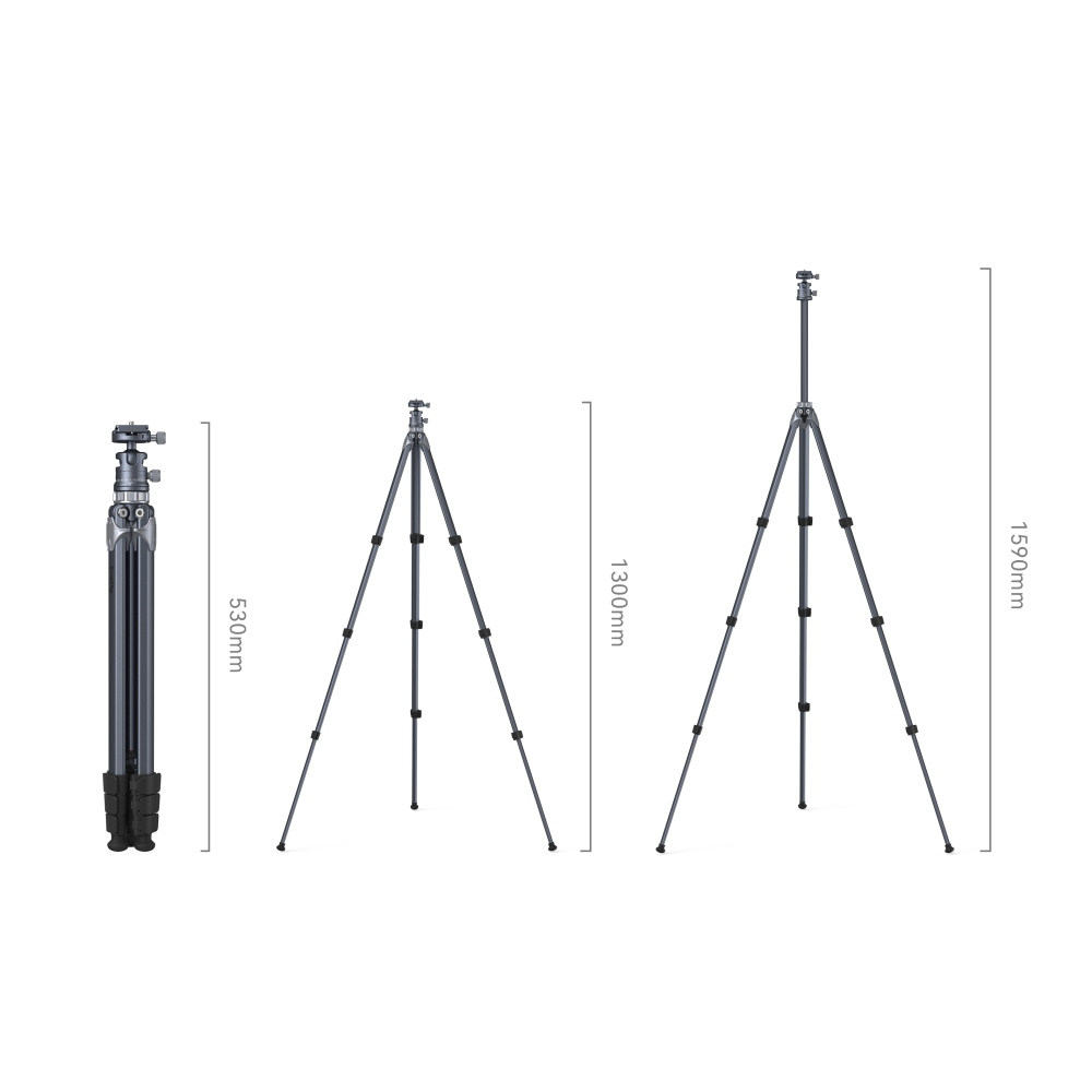 1689864219_383 SmallRig 4222 Lightweight Travel Tripod AP 02 on esitetty kolmessa vaiheessa: täysin kokoontaitettuna 530 mm, osittain ulosvedettynä 1300 mm ja täysin ulosvedettynä 1580 mm, kukin vierekkäin korkeusmitattuina.