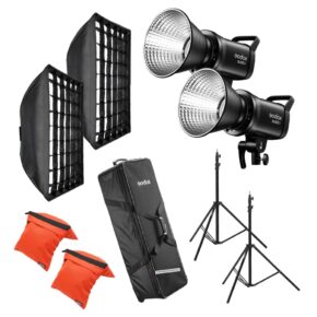 1691581240_224 The Godox SL60IID Duo Pro Kit is a complete photographic lighting kit with two LED lights, two softboxes with grids, two orange sandbags, two light stands and a black carrying case.