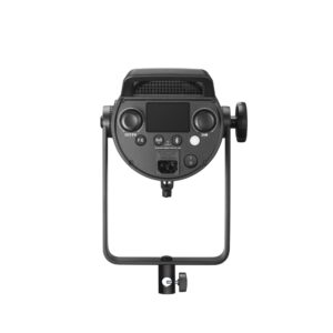 1692103364_979 Godox SL300IIIBi Bi Color LED-valo -LED-valo näkyy takaa, ja sen ohjauspaneelissa on painikkeet, näyttö ja säätönupit, jotka on asennettu U-kannattimeen valkoista taustaa vasten.