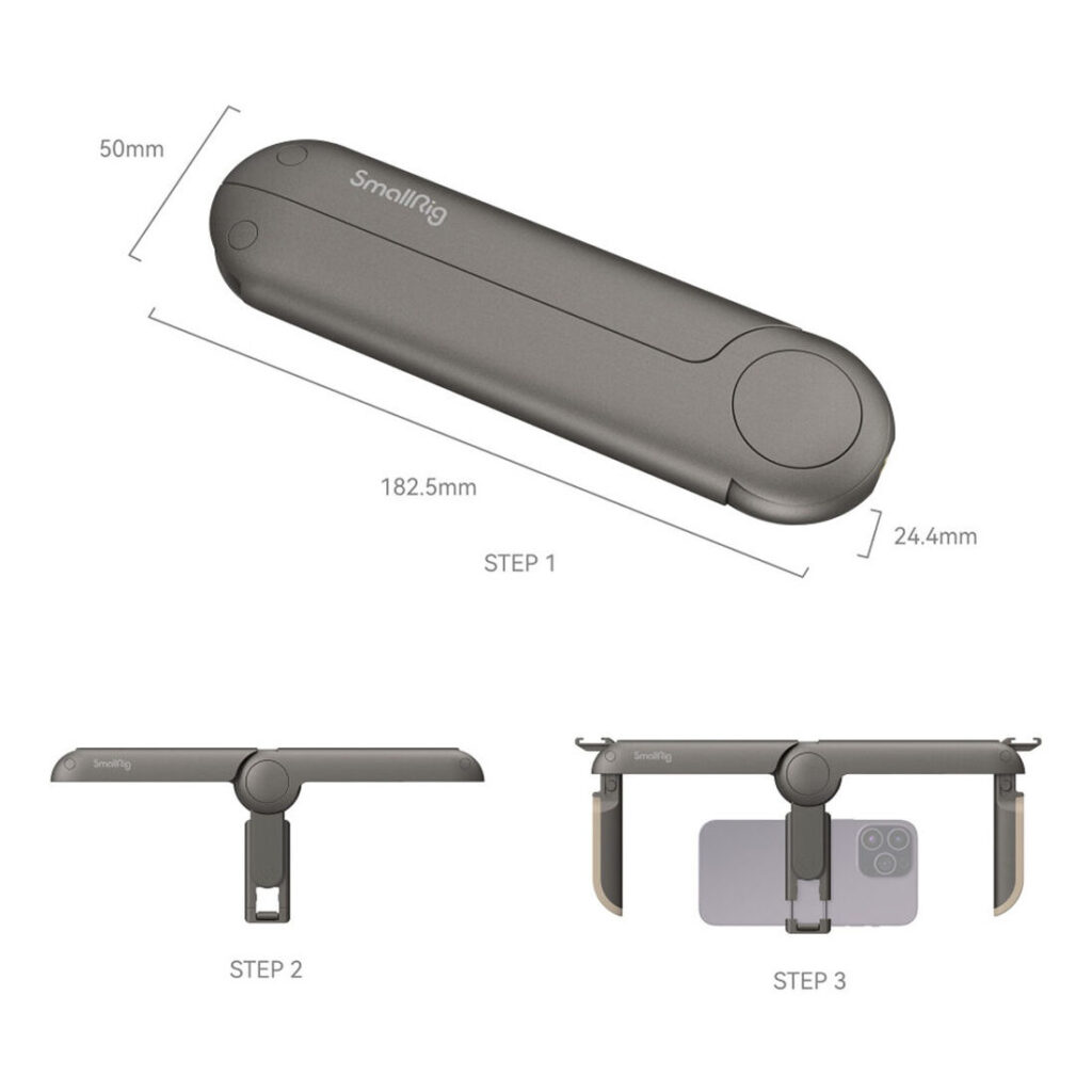 1694587339_022 Kaavio SmallRig 4047 Fold P20 Mobile Pocket Video Rigistä: Vaihe 1 osoittaa sen kokoontaitetun koon; vaihe 2 kuvaa sitä osittain kokoontaitettuna; vaihe 3 kuvaa sitä täysin ulosvedettynä älypuhelimen kiinnittämiseksi.