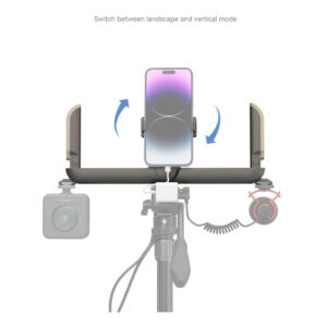 1694587343_489 SmallRig 4047 Fold P20 Mobile Pocket Video Rig kiinnittää älypuhelimen pyörivään pidikkeeseen, jossa on jalustatuki, ja mahdollistaa helpon vaihtamisen maisema- ja muotokuvatilojen välillä; valinnaiset kamera- ja mikrofonilisävarusteet on esitetty harmaalla.