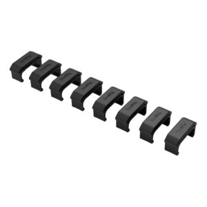 1694596939_664 Kahdeksan samanlaista SmallRig 4302 AB Hard Stoppia on sijoitettu vinoriviin valkoisella pohjalla. Jokaisen yläpinnalla on merkintä "Cable Clip".