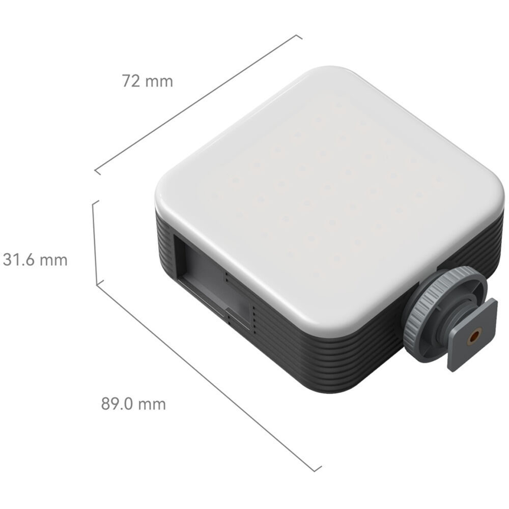 1695039257_210 SmallRig 4276 Full Color Mini LED Video Light Vibe P108 on suorakulmainen paneeli, jossa on pyöristetyt reunat, mustat sivut, kiinnitysnuppi, ja sen mitat ovat 72 mm leveä, 31,6 mm korkea ja 89 mm pitkä.