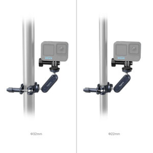 Vierekkäisissä kuvissa SmallRig 4191 Handlebar Mounting Clamp for Action Cameras kiinnittää kameran halkaisijaltaan 32 mm:n ja 22 mm:n pylväisiin, mikä osoittaa sen säädettävyyden ja monipuolisen sopivuuden.