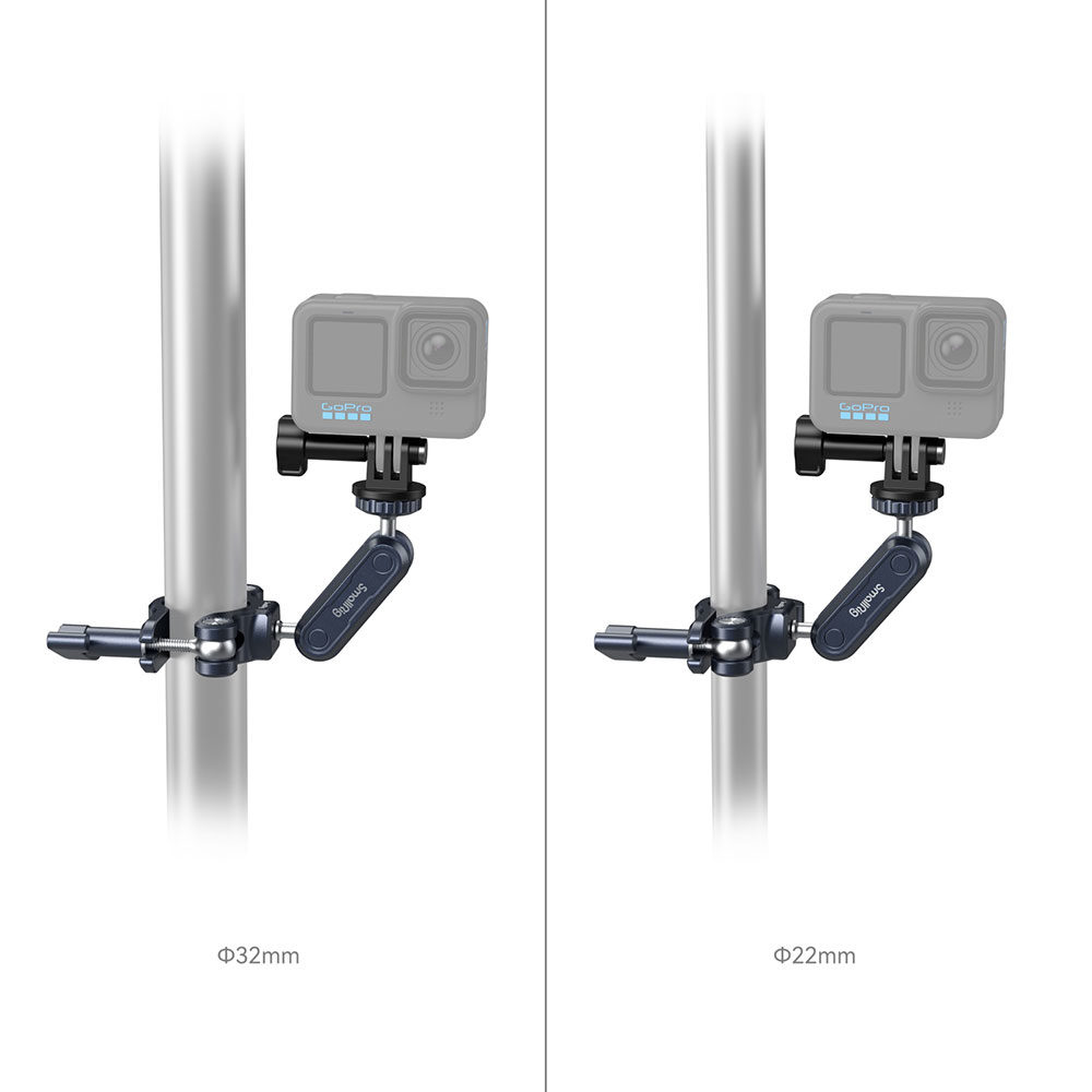 Vierekkäisissä kuvissa SmallRig 4191 Handlebar Mounting Clamp for Action Cameras kiinnittää kameran halkaisijaltaan 32 mm:n ja 22 mm:n pylväisiin, mikä osoittaa sen säädettävyyden ja monipuolisen sopivuuden.