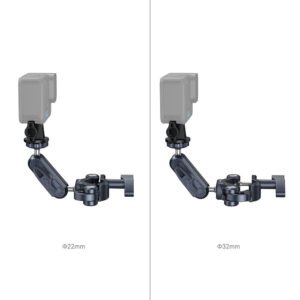 Kahdessa vierekkäisessä kuvassa näkyy SmallRig 4191 Handlebar Mounting Clamp for Action Cameras -kiinnike, jossa on kamera säädettävillä varretangoilla. Vasemmanpuoleisessa kuvassa on 22 mm:n pohjan halkaisija ja oikeanpuoleisessa 32 mm:n pohjan halkaisija.