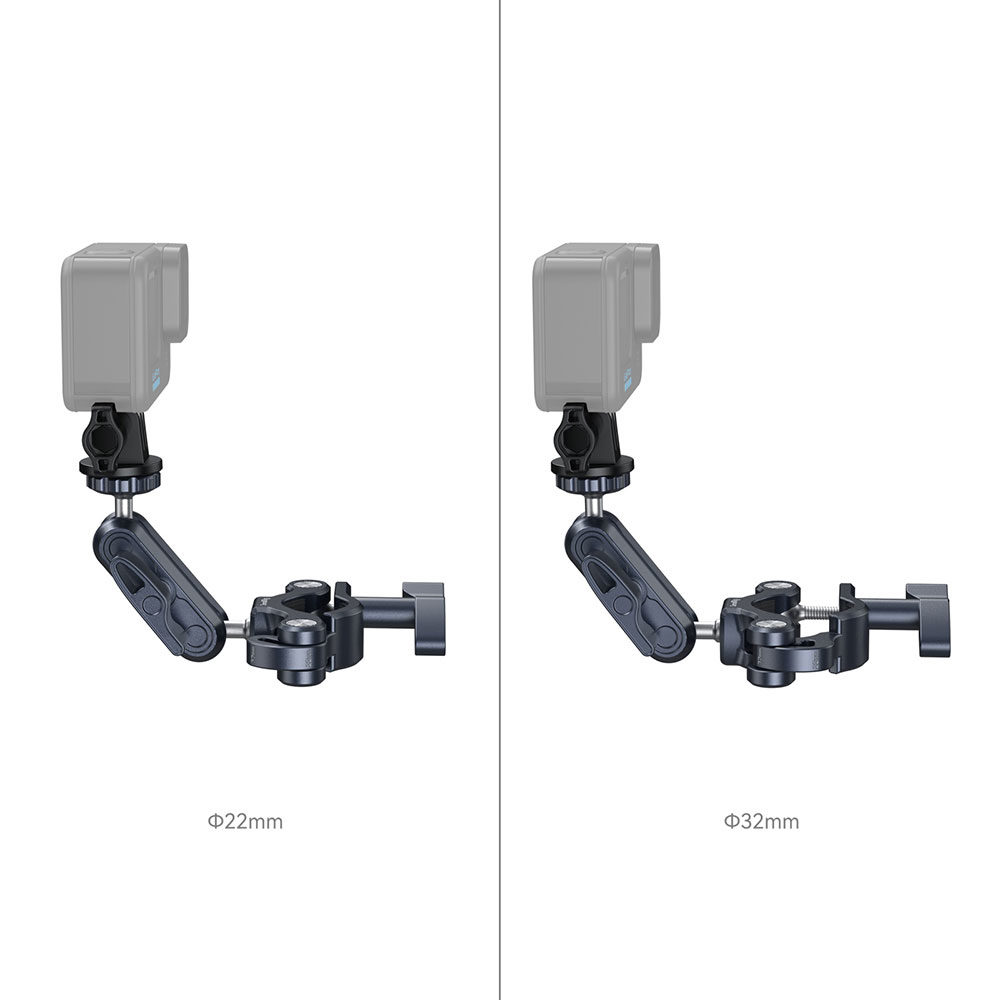 Kahdessa vierekkäisessä kuvassa näkyy SmallRig 4191 Handlebar Mounting Clamp for Action Cameras -kiinnike, jossa on kamera säädettävillä varretangoilla. Vasemmanpuoleisessa kuvassa on 22 mm:n pohjan halkaisija ja oikeanpuoleisessa 32 mm:n pohjan halkaisija.