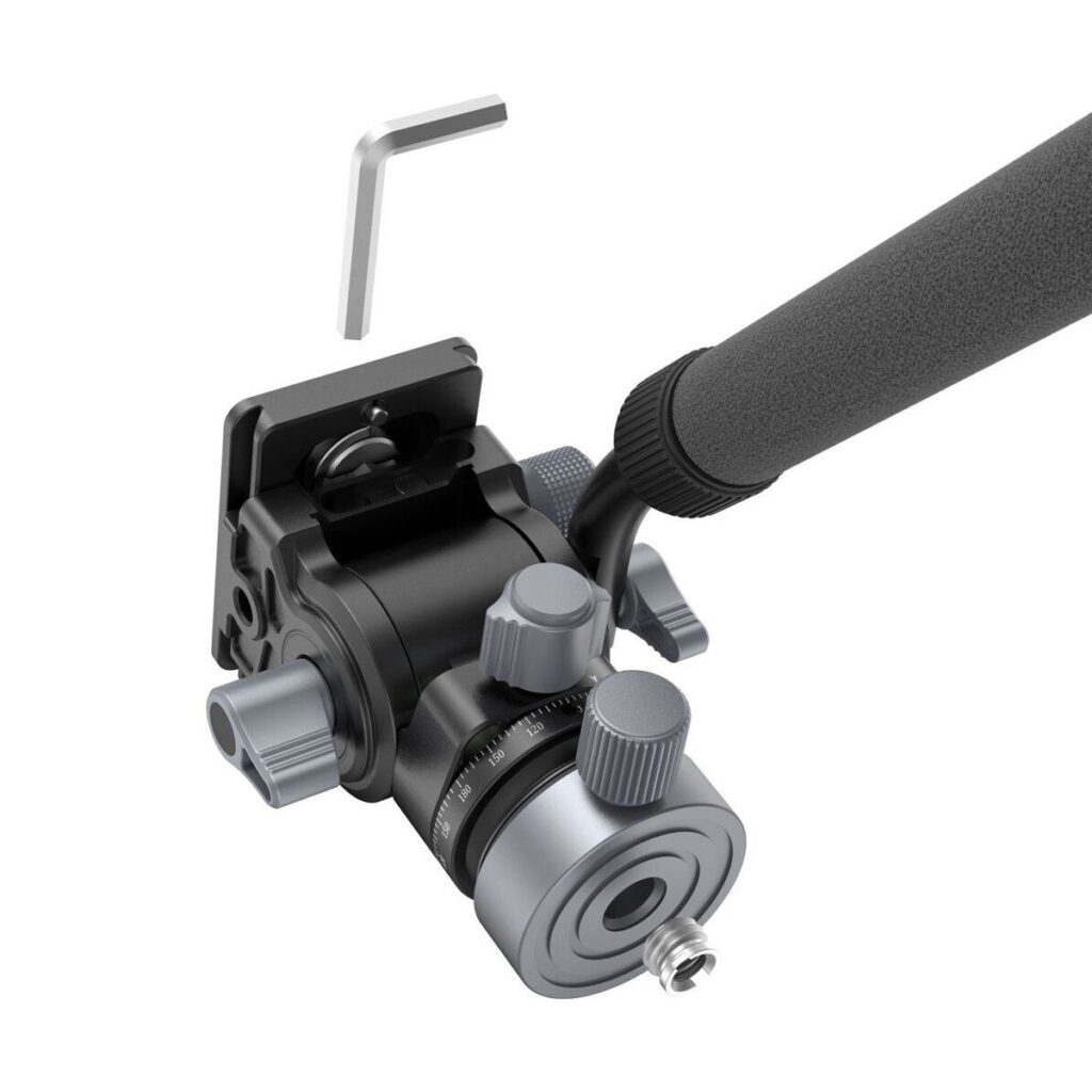 1695713487_118 Lähikuva SmallRig 4319 FreeBlazer Aluminum Alloy Video Tripod CT190 -päästä, jossa on musta ja hopeinen muotoilu, säätönupit, kahva ja mukana tuleva kuusiokoloavain valkoisella pohjalla.