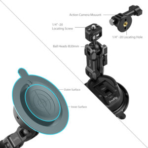 1695731730_184 Kaavio SmallRig 4275 Portable Suction Cup Mount Support Kit for Action Cameras/Mobile Phones SC-1K, jossa on toimintakameran kiinnike, 1/4-20 ruuvi, paikoitusreikä, pallonivel ja imukuppipinnat (ulkoinen/sisäinen).