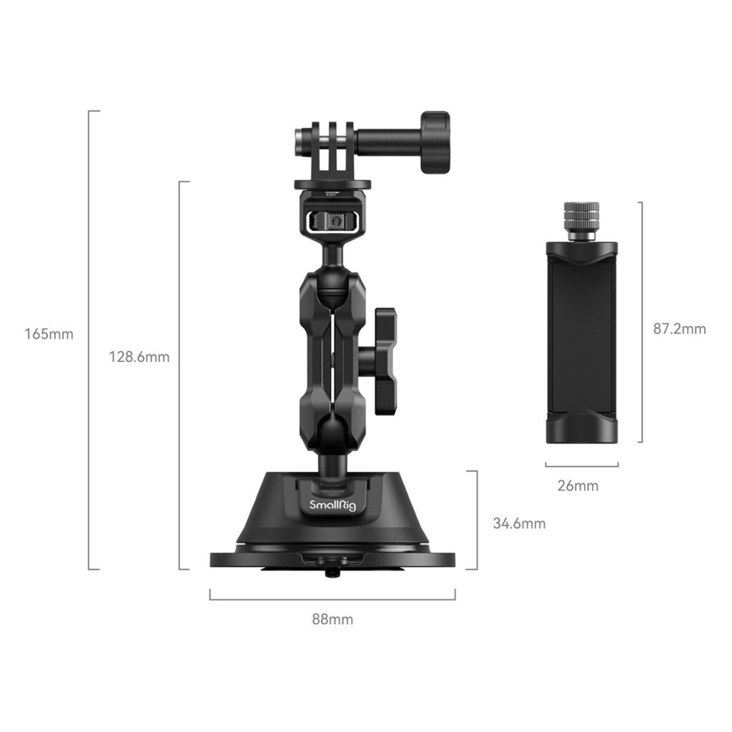 1695731733_815 SmallRig 4275 Portable Suction Cup Mount Support Kit (SC-1K) for Action Cameras/Mobile Phones on esitetty koottuna ja purettuna, ja siinä on merkitty mitat: 165 mm korkeus, 88 mm pohjan leveys ja 87,2 mm irrotettava osa.
