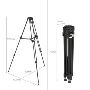 1695734134_764 SmallRig 4164 FreeBlazer Heavy Duty Aluminum Alloy Tripod AD 80 on esitetty täysin ulosvedettynä 1795 mm korkeana ja 1070 mm leveänä ja kokoontaitettuna 795 mm korkeana ja 160 mm leveänä, ja molemmat mitat on merkitty selvästi.