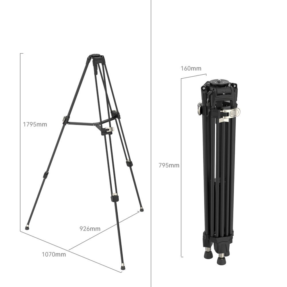 1695734134_764 SmallRig 4164 FreeBlazer Heavy Duty Aluminum Alloy Tripod AD 80 on esitetty täysin ulosvedettynä 1795 mm korkeana ja 1070 mm leveänä ja kokoontaitettuna 795 mm korkeana ja 160 mm leveänä, ja molemmat mitat on merkitty selvästi.