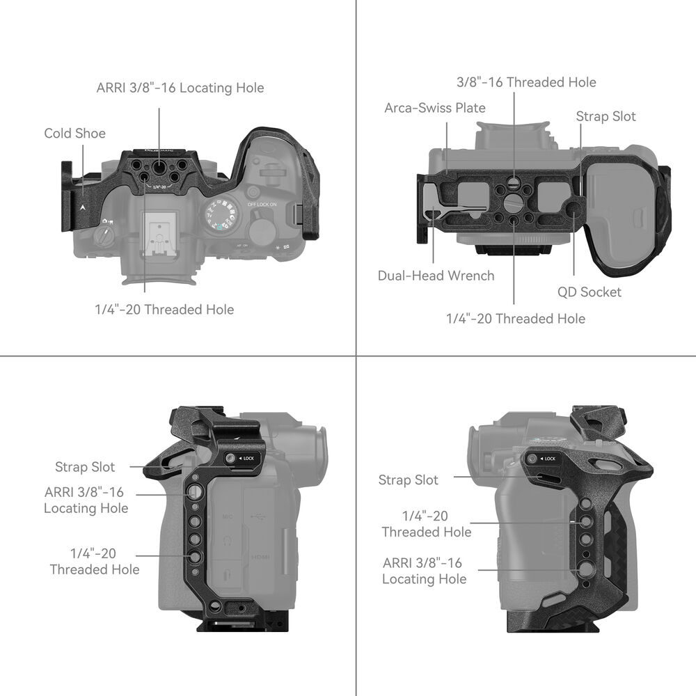 1698152196_230 Kaavio SmallRig 4161 Black Mamba -kamerahäkistä Canon EOS R6 Mark II:lle, jossa näkyvät merkityt ominaisuudet: ARRI 3/8"-16 -paikannusreikä, kylmäkenkä, Arca-Swiss-levy, hihna-aukko, QD-pistorasia, kierrereiät ja kaksoispääavain eri kulmista.