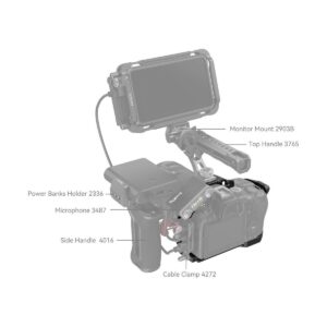 1698152201_641 Merkitty kaavio SmallRig 4161 Black Mamba -kamerahäkistä Canon EOS R6 Mark II:lle, jossa korostuvat näytön kiinnike 2903B, yläkahva 3765, virtalähteiden pidike 2336, mikrofoni 3487, sivukahva 4016 ja kaapelikiinnike 4272.