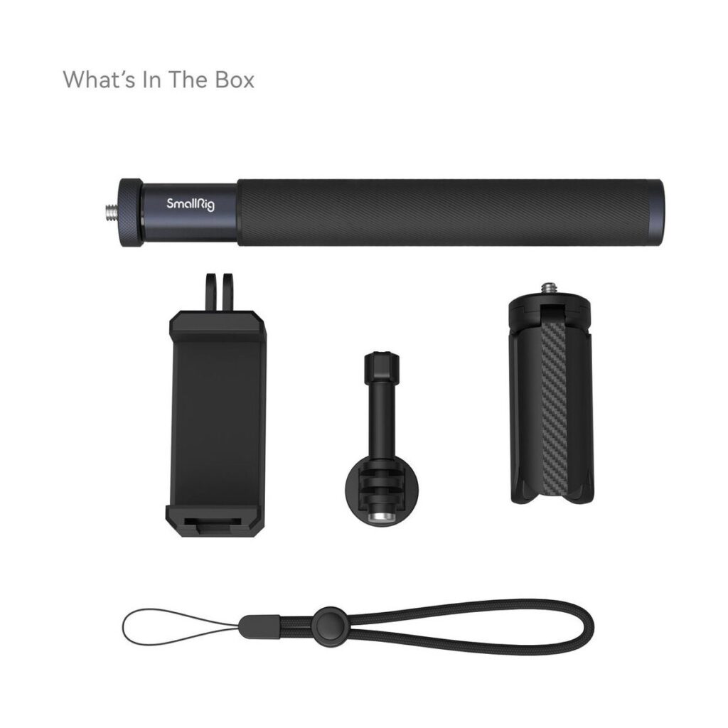 1698152978_469 Tuotekuvassa näkyy SmallRig 4192 Selfie Stick for Action Cameras, puhelimen pidike, jalustan jalusta, kameran kiinnityssovitin ja rannehihna valkoisella pohjalla, jossa on teksti "Mitä laatikossa on.