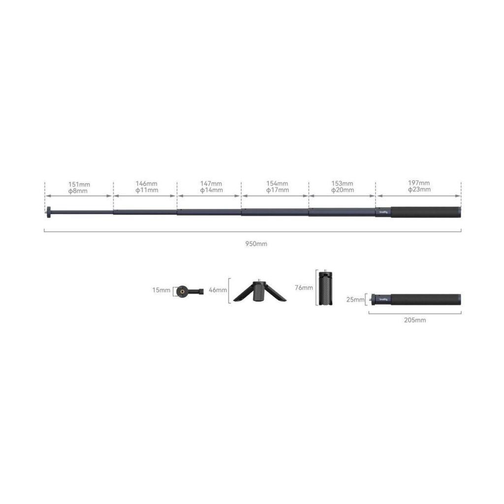 1698152980_183 Kaavio SmallRig 4192 Selfie Stick for Action Cameras -mallitangosta, jossa näkyy jokainen tangon osa mittauksineen, yhteensä 950 mm:n pituisena, sekä lähikuvat merkittyjen osien ja jalustan pohjan mitat millimetreinä.