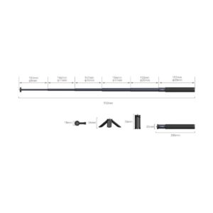1698152980_183 Kaavio SmallRig 4192 Selfie Stick for Action Cameras -mallitangosta, jossa näkyy jokainen tangon osa mittauksineen, yhteensä 950 mm:n pituisena, sekä lähikuvat merkittyjen osien ja jalustan pohjan mitat millimetreinä.