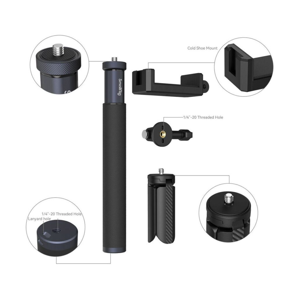 1698152982_225 SmallRig 4192 Selfie Stick for Action Cameras on musta käsikäyttöinen kolmijalka, jossa on kuvioitu kahva ja joka on esitetty lähikuvissa, joissa korostuvat sen kylmäkenkäkiinnitys, puhelimen pidike, 1/4"-20 kierteinen reikä, köysireikä ja muut kiinnitysominaisuudet.