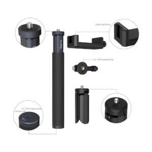 1698152982_225 SmallRig 4192 Selfie Stick for Action Cameras on musta käsikäyttöinen kolmijalka, jossa on kuvioitu kahva ja joka on esitetty lähikuvissa, joissa korostuvat sen kylmäkenkäkiinnitys, puhelimen pidike, 1/4"-20 kierteinen reikä, köysireikä ja muut kiinnitysominaisuudet.