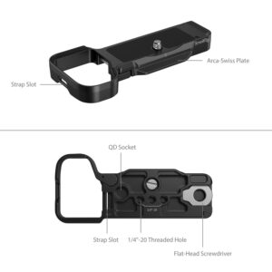 1698220139_238 Kaksi näkymää mustasta SmallRig 4314 Baseplate for Sony ZV E1 -jalustasta, jossa näkyvät merkityt ominaisuudet: hihna-aukko, Arca-Swiss-levy, QD-pistoke, 1/4-20-kierteinen reikä ja litteäpäinen ruuvimeisseli.