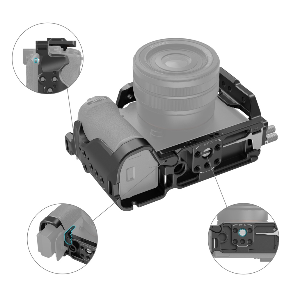 1698240145_016 SmallRig 4422 Cage Kit for Sony Alpha 7C II / Alpha 7CR -kameran lähikuvissa on akkulokero, lisävarusteiden kiinnitysliitäntä ja sivupainike tai -kytkin.