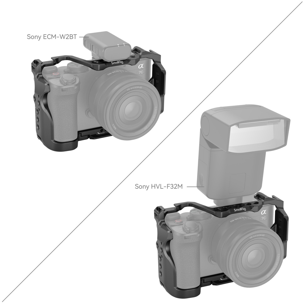 1698240146_220 Kuvassa on kaksi Sony Alpha 7C II / Alpha 7CR -kameraa SmallRig 4422 Cage Kitissä: toisessa on pieni Sony ECM-W2BT -mikrofoni päällä, toisessa on suurempi Sony HVL-F32M -ulkoinen salama. Molemmat lisävarusteet on merkitty.