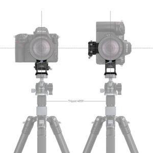 1698310169_323 Kaksi Nikon Z-sarjan kameraa on asennettu vierekkäin - toinen muotokuvaan ja toinen maisemakuvaan - SmallRig 4306 Rotatable Horizontal to Vertical Mount Plate Kit -levyyn, ja objektiivien keskipisteet on merkitty katkoviivoilla. Jalustan mallin merkintä on 4059.