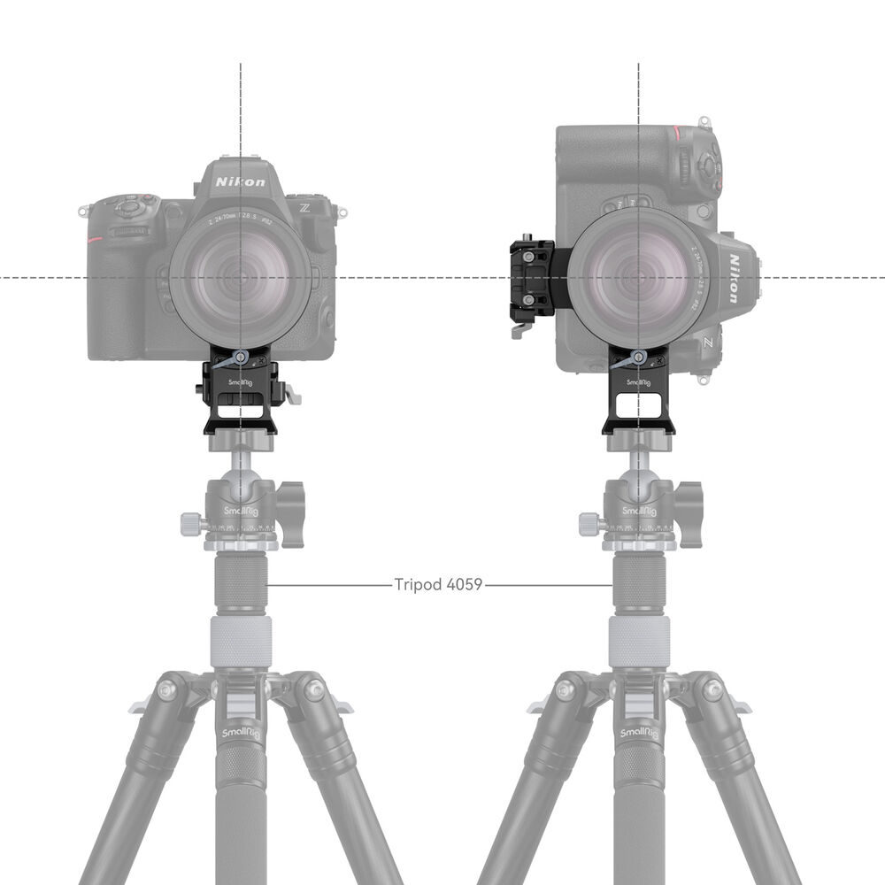 1698310169_323 Kaksi Nikon Z-sarjan kameraa on asennettu vierekkäin - toinen muotokuvaan ja toinen maisemakuvaan - SmallRig 4306 Rotatable Horizontal to Vertical Mount Plate Kit -levyyn, ja objektiivien keskipisteet on merkitty katkoviivoilla. Jalustan mallin merkintä on 4059.