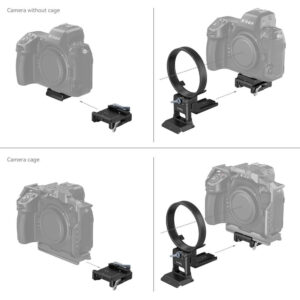 1698310171_296 Kaavio, jossa näytetään kokoonpanovaiheet SmallRig 4306 Rotatable Horizontal to Vertical Mount Plate Kit -levysarjan kiinnittämiseksi Nikon Z-sarjan kameroihin kamerahäkin kanssa ja ilman kamerahäkkiä. Kukin rivi kuvaa asennusta komponenttien erottelusta täydelliseen kokoonpanoon.