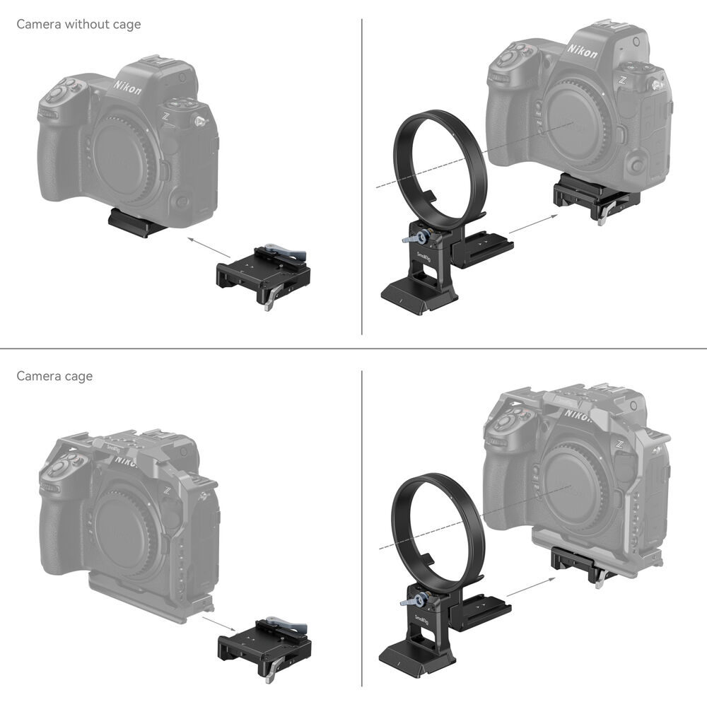 1698310171_296 Kaavio, jossa näytetään kokoonpanovaiheet SmallRig 4306 Rotatable Horizontal to Vertical Mount Plate Kit -levysarjan kiinnittämiseksi Nikon Z-sarjan kameroihin kamerahäkin kanssa ja ilman kamerahäkkiä. Kukin rivi kuvaa asennusta komponenttien erottelusta täydelliseen kokoonpanoon.