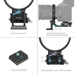 1698310172_975 SmallRig 4306 Rotatable Horizontal to Vertical Mount Plate Kit for Nikon Z Series -kiinnityssarjan kaaviossa näkyvät seuraavat ominaisuudet: pikalukitusavain, objektiivin etu-/taaksepäin pääsyn säätö, kiertymisen estävä tappi ja korkeussäätö usean mallin yhteensopivuutta varten.