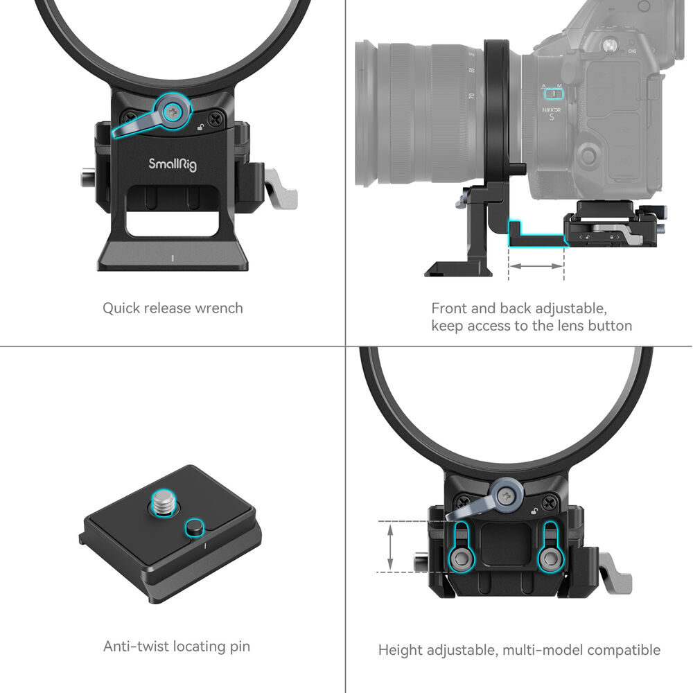 1698310172_975 SmallRig 4306 Rotatable Horizontal to Vertical Mount Plate Kit for Nikon Z Series -kiinnityssarjan kaaviossa näkyvät seuraavat ominaisuudet: pikalukitusavain, objektiivin etu-/taaksepäin pääsyn säätö, kiertymisen estävä tappi ja korkeussäätö usean mallin yhteensopivuutta varten.