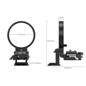 1698310174_097 SmallRig 4306 Rotatable Horizontal to Vertical Mount Plate Kit for Nikon Z Series -levysarjan etukuvassa on 72,5 mm:n aukko; sivukuvassa korkeus on 132 mm, syvyys 104 mm ja paksuus 14,2 mm mittaustarroineen.