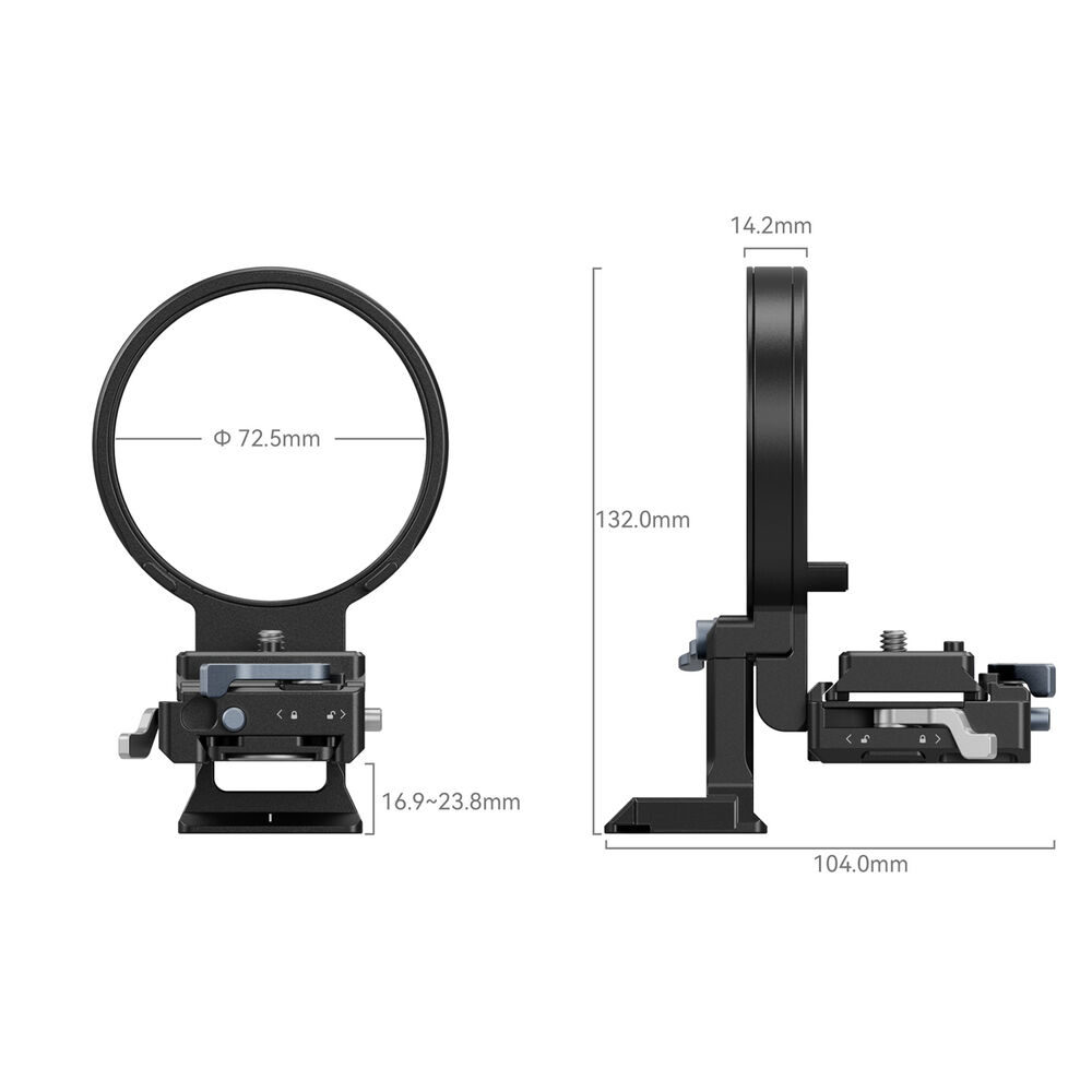 1698310174_097 SmallRig 4306 Rotatable Horizontal to Vertical Mount Plate Kit for Nikon Z Series -levysarjan etukuvassa on 72,5 mm:n aukko; sivukuvassa korkeus on 132 mm, syvyys 104 mm ja paksuus 14,2 mm mittaustarroineen.