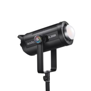1698323066_068 The black Godox SL300R RGB LED Video Light is mounted on a tripod and displayed diagonally against a white background.
