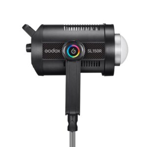 1698323706_117 Godox SL150R RGB LED Video Light -LED-valo näkyy mustana sivukuvassa, ja sen sateenkaarenvärinen virtapainike, tuuletusaukot, kahva ja ohjauspaneeli näkyvät valkoista taustaa vasten.