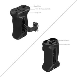 1698918930_138 SmallRig 4015 -sivukahva 1/4"-20-ruuveilla on esitetty mustana kahdesta kulmasta valkoisella pohjalla, ja siinä korostuvat sen merkitty kylmäkenkä, 1/4"-20-kierteinen reikä, hihna-aukko ja mukana tuleva kuusiokoloavain.