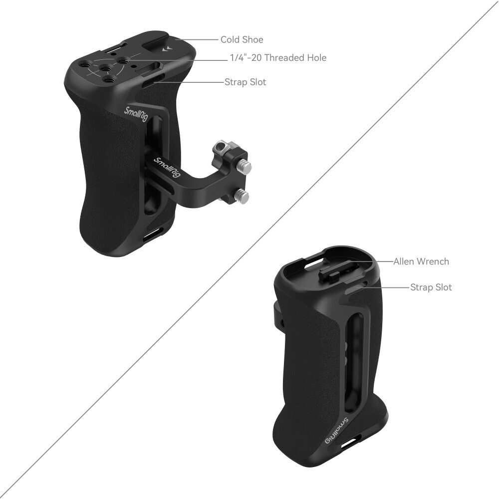 1698918930_138 SmallRig 4015 -sivukahva 1/4"-20-ruuveilla on esitetty mustana kahdesta kulmasta valkoisella pohjalla, ja siinä korostuvat sen merkitty kylmäkenkä, 1/4"-20-kierteinen reikä, hihna-aukko ja mukana tuleva kuusiokoloavain.