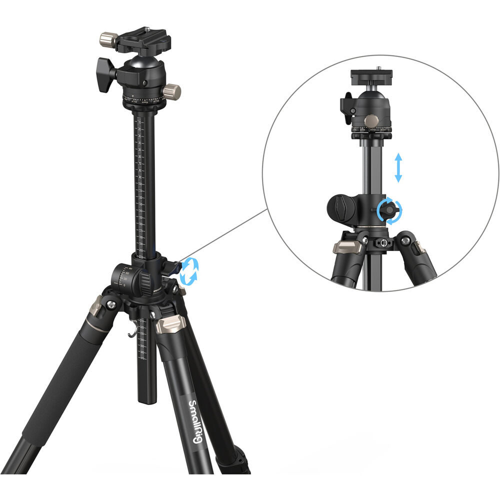 SmallRig 4288 Lateral Center Column Tripod CT200 on musta kolmijalka, jossa on säädettävät jalat ja keskipylväs. Sisäkuva korostaa lukitusmekanismia ja havainnollistaa pylvään pystysuuntaista liikettä sinisillä nuolilla.