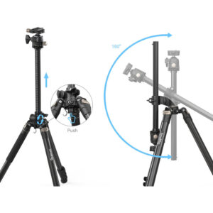 SmallRig 4288 Lateral Center Column Tripod CT200:ssa on säädettävät mustat jalat ja keskipylväs, jota voidaan nostaa, laskea tai kääntää 180° kameran joustavaa sijoittelua varten.