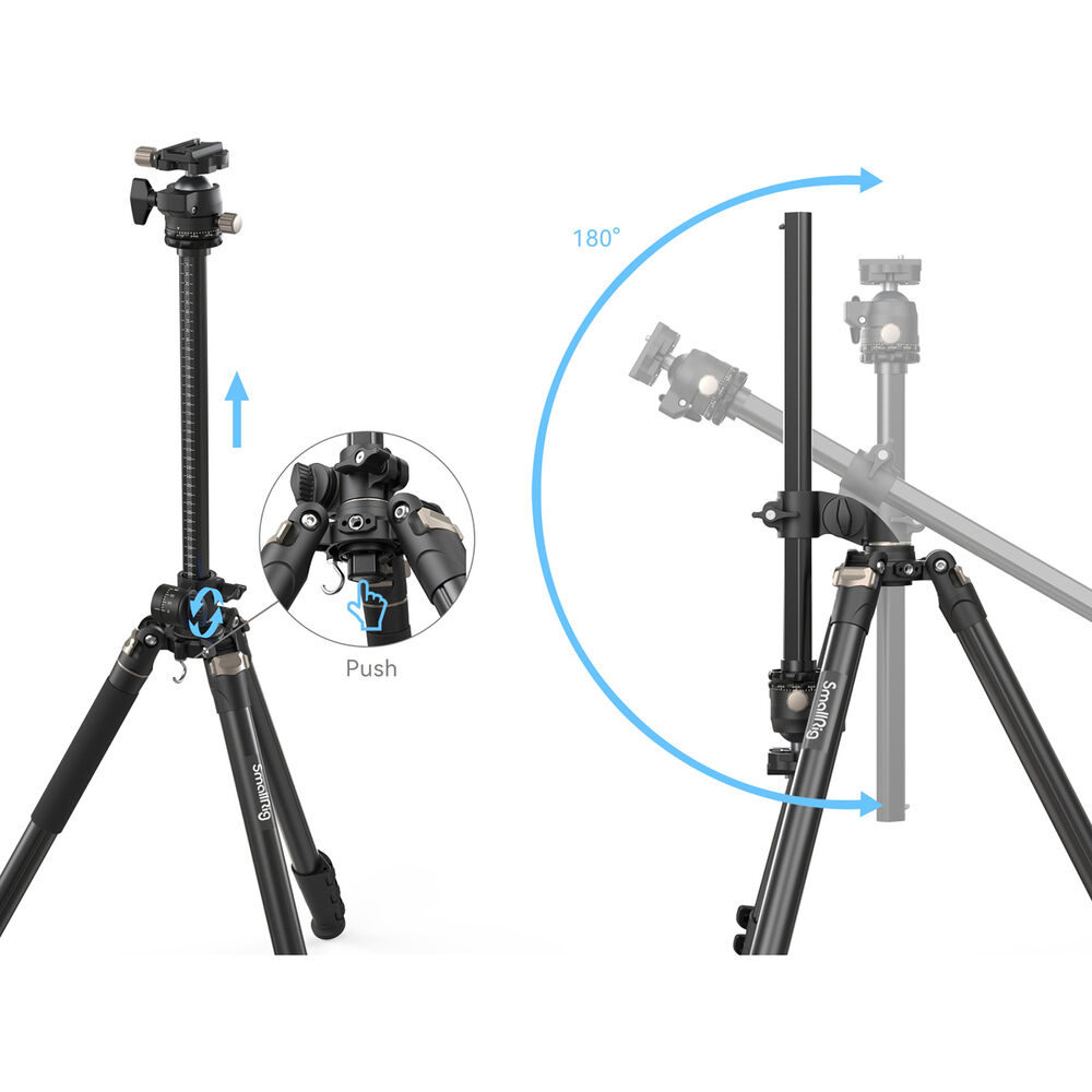SmallRig 4288 Lateral Center Column Tripod CT200:ssa on säädettävät mustat jalat ja keskipylväs, jota voidaan nostaa, laskea tai kääntää 180° kameran joustavaa sijoittelua varten.