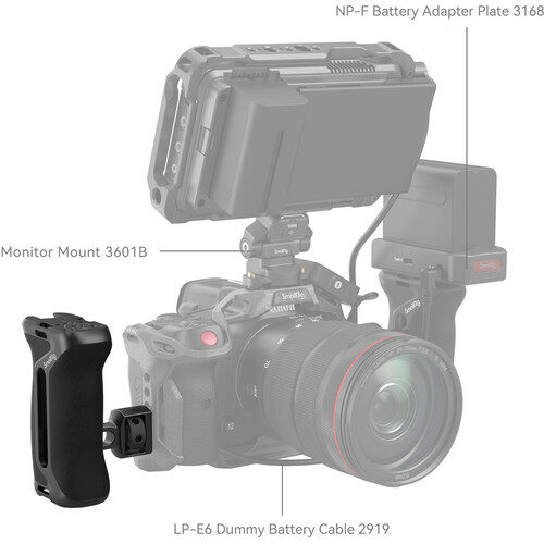 Professional camera mount with mounted screen, SmallRig 4346 side handle with two locating screws together, and NP-F 3168 battery adapter plate, all components marked and highlighted in black.