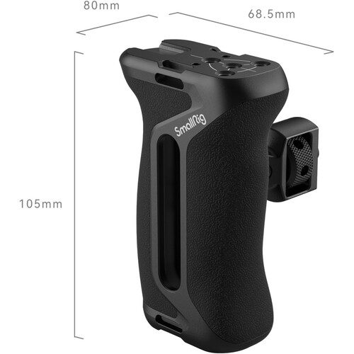 SmallRig 4346 Side Handle with Two in One Locating Screw is a black, ergonomic handle with textured surface, side logo, cold shoe attachment and visible dimensions of 80 mm (L) × 68.5 mm (S) × 105 mm (W).