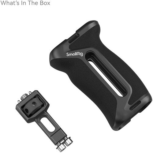 SmallRig 4346 Side handle with Two in One locating screw is illustrated on a white background. It features an ergonomic, textured black design with the product name and its mounting hardware near the top edge.