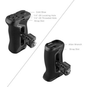 Two views of the SmallRig 4346 Side Handle with Two in One Locating Screw (black), marked with the following features: cold shoe, locating hole, threaded hole, strap hole, hex key and textured surface. "SmallRig branding is prominent.